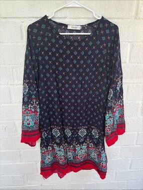 Risesun Cotton Navy Boho Printed Tunic Dress sz XL